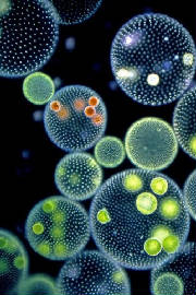 Volvox with daughter spheres - Take note the green plankton to capture light.
