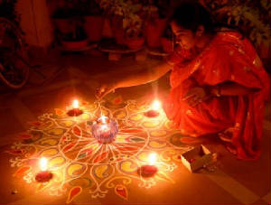 Rangoli decoration in many colors.