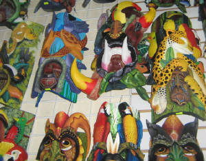 Display of Costa Rican native ceremonial and decorative masks
